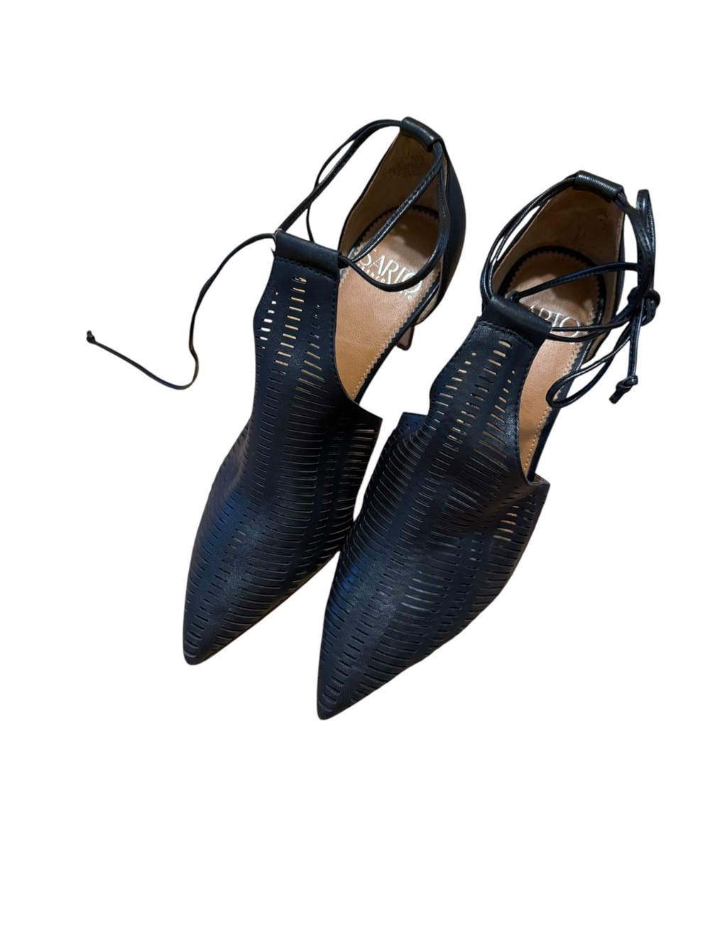SARTO by Franco Sarto Krista Black Leather Laser Cut Ankle Tie Pointed Toe Pumps
